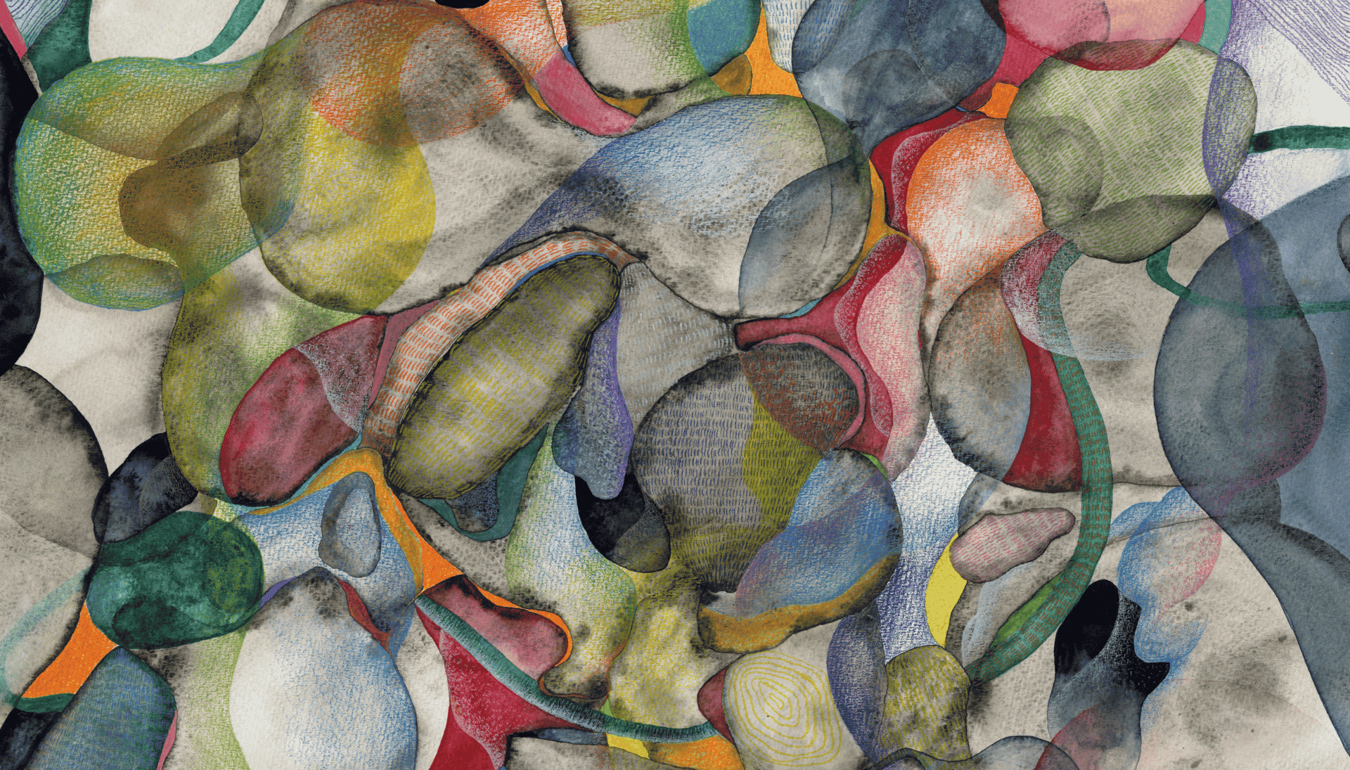 A colourful banner image meant to convey a feeling of bubbling up, overlapping, and interweaving.