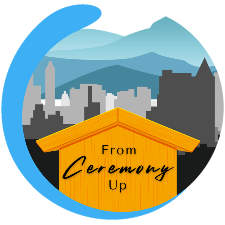 From Ceremony Up logo. A longhouse sits in the foreground with a city and mountain skyline.